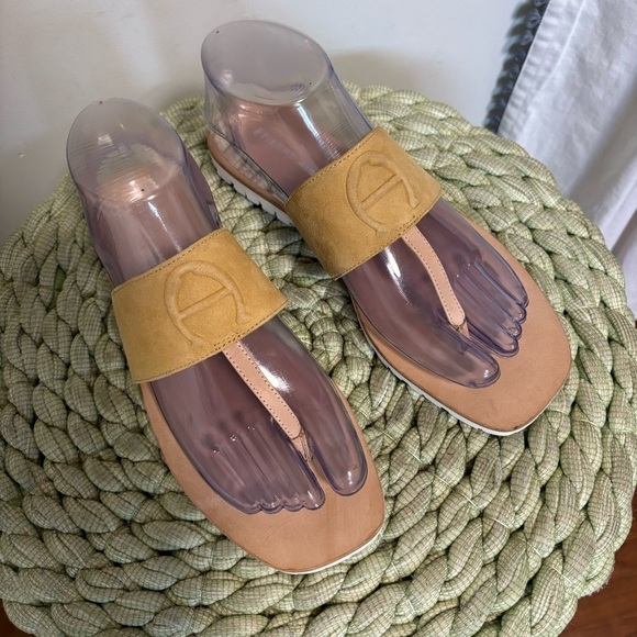 ETIENNE AIGNER Palma Golden Leather/Suede Slip On Flat Flip Flop Sandals - Picture 2 of 10